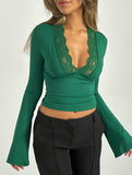 Lace Patchwork V-Neck Slim Fit Long Sleeve Top_CWTHT00041
