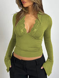 Lace Patchwork V-Neck Slim Fit Long Sleeve Top_CWTHT00041