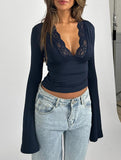 Lace Patchwork V-Neck Slim Fit Long Sleeve Top_CWTHT00041