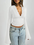 Lace Patchwork V-Neck Slim Fit Long Sleeve Top_CWTHT00041