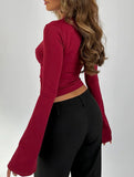 Lace Patchwork V-Neck Slim Fit Long Sleeve Top_CWTHT00041