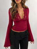 Lace Patchwork V-Neck Slim Fit Long Sleeve Top_CWTHT00041