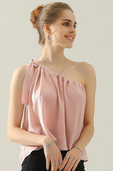 ONE SHOULDER BOW TIE STRAP SATIN SILK BLOUS TOP - Doublju