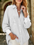 Loose striped stand collar long sleeve shirt