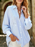 Loose striped stand collar long sleeve shirt