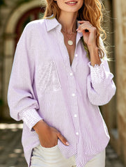 Loose striped stand collar long sleeve shirt