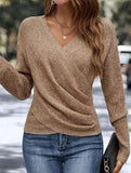 Stylish V-neck crossover solid color sweater_CWTSTL01160
