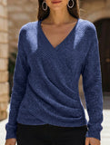 Stylish V-neck crossover solid color sweater_CWTSTL01160