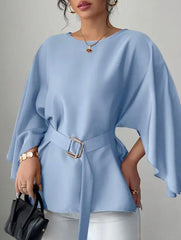 Solid Flare Sleeve Elegant Blouse_CWTSTL01163