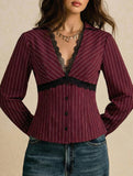 Lace Trim Striped Slim Fit Blouse_CWTSTL01165