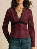 Lace Trim Striped Slim Fit Blouse_CWTSTL01165