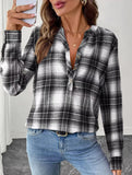 V Neck Plaid Button Casual Shirt