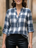 V Neck Plaid Button Casual Shirt