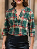 V Neck Plaid Button Casual Shirt