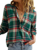 V Neck Plaid Button Casual Shirt