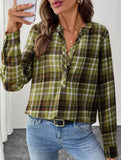 V Neck Plaid Button Casual Shirt