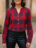 V Neck Plaid Button Casual Shirt