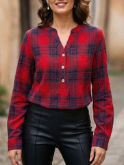 V Neck Plaid Button Casual Shirt