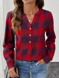 V Neck Plaid Button Casual Shirt