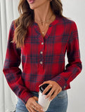 V Neck Plaid Button Casual Shirt