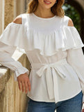 Elegant Satin Ruffle Off Shoulder Long Sleeve Shirt