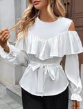Elegant Satin Ruffle Off Shoulder Long Sleeve Shirt