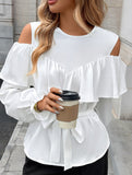 Elegant Satin Ruffle Off Shoulder Long Sleeve Shirt