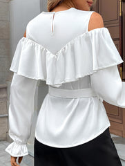 Elegant Satin Ruffle Off Shoulder Long Sleeve Shirt