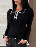 Women's collared ruffled fitted color-blocked knit top_CWTSTL01299