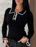 Women's collared ruffled fitted color-blocked knit top_CWTSTL01299
