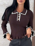 Women's collared ruffled fitted color-blocked knit top_CWTSTL01299