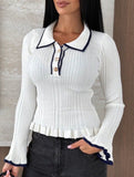 Women's collared ruffled fitted color-blocked knit top_CWTSTL01299
