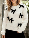 Women's Solid Color Plush Pullover Knit Top with Bow_CWTSTL01300