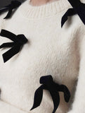 Women's Solid Color Plush Pullover Knit Top with Bow_CWTSTL01300