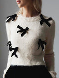 Women's Solid Color Plush Pullover Knit Top with Bow_CWTSTL01300