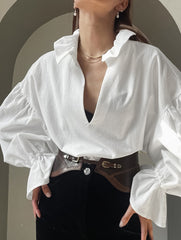 Court-style pleated puff sleeve blouse for women_CWTSTL01307