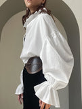 Court-style pleated puff sleeve blouse for women_CWTSTL01307