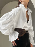 Court-style pleated puff sleeve blouse for women_CWTSTL01307