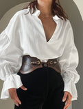 Court-style pleated puff sleeve blouse for women_CWTSTL01307