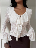 French-style lace bell sleeve ruffle top for women_CWTSTL01310