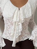 French-style lace bell sleeve ruffle top for women_CWTSTL01310