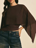 Chiffon cape-sleeve cover-up slim-fit irregular T-shirt_CWTSTL01314
