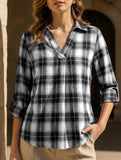 V Neck Plaid Loose Long Sleeve Shirt_CWTSTL01321