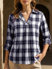 V Neck Plaid Loose Long Sleeve Shirt_CWTSTL01321