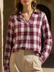 V Neck Plaid Loose Long Sleeve Shirt_CWTSTL01321