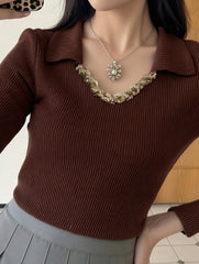 Retro V-neck patchwork rhinestone T-shirt for women