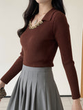 Retro V-neck patchwork rhinestone T-shirt for women