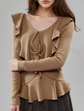 Ruffled V-neck slimming long-sleeved top for women