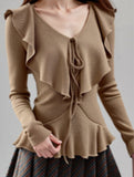 Ruffled V-neck slimming long-sleeved top for women