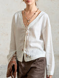 Pure Linen V Neck Cropped Shirt_CWTSTL01384